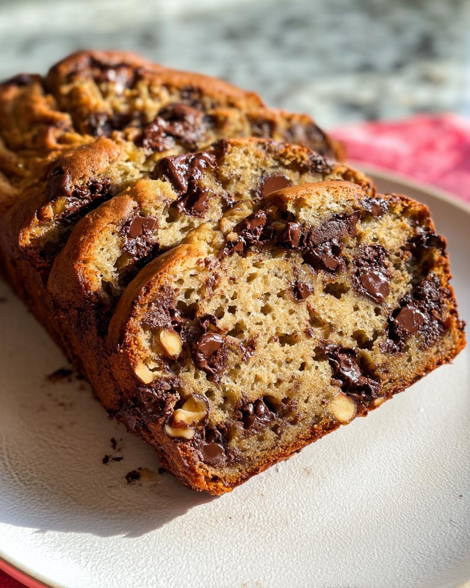 Slices of moist Brown Butter Banana Bread loaded with melted chocolate chips and nuts.