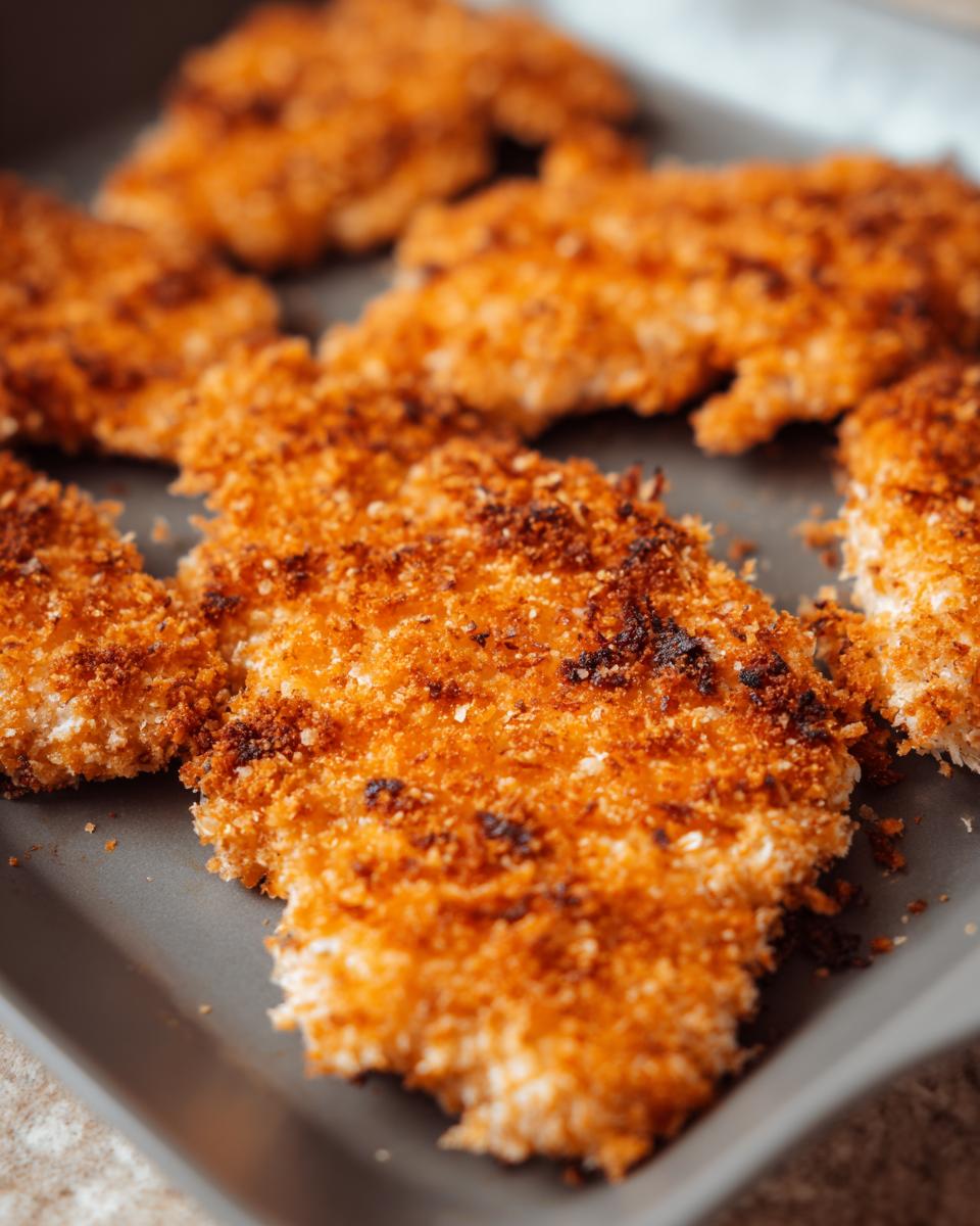 Close-up of several golden-brown, crispy pieces of Buttermilk Baked Fried Chicken resting on a dark baking sheet.
