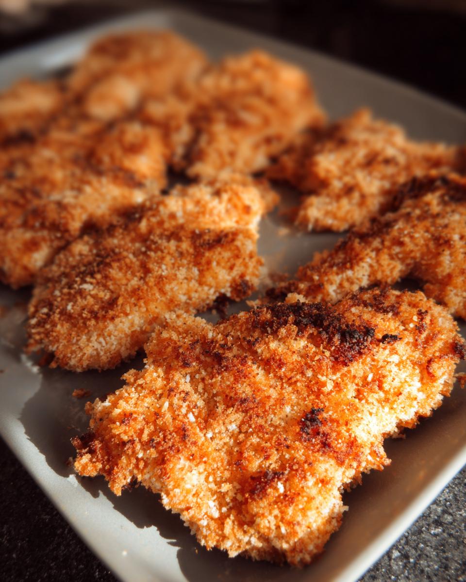 Close-up of golden brown, crispy Buttermilk Baked Fried Chicken pieces arranged on a grey serving platter.