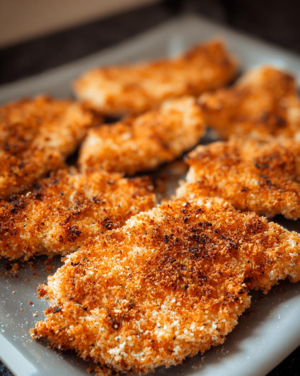 Close-up of crispy, golden-brown Buttermilk Baked Fried Chicken pieces resting on a baking sheet.
