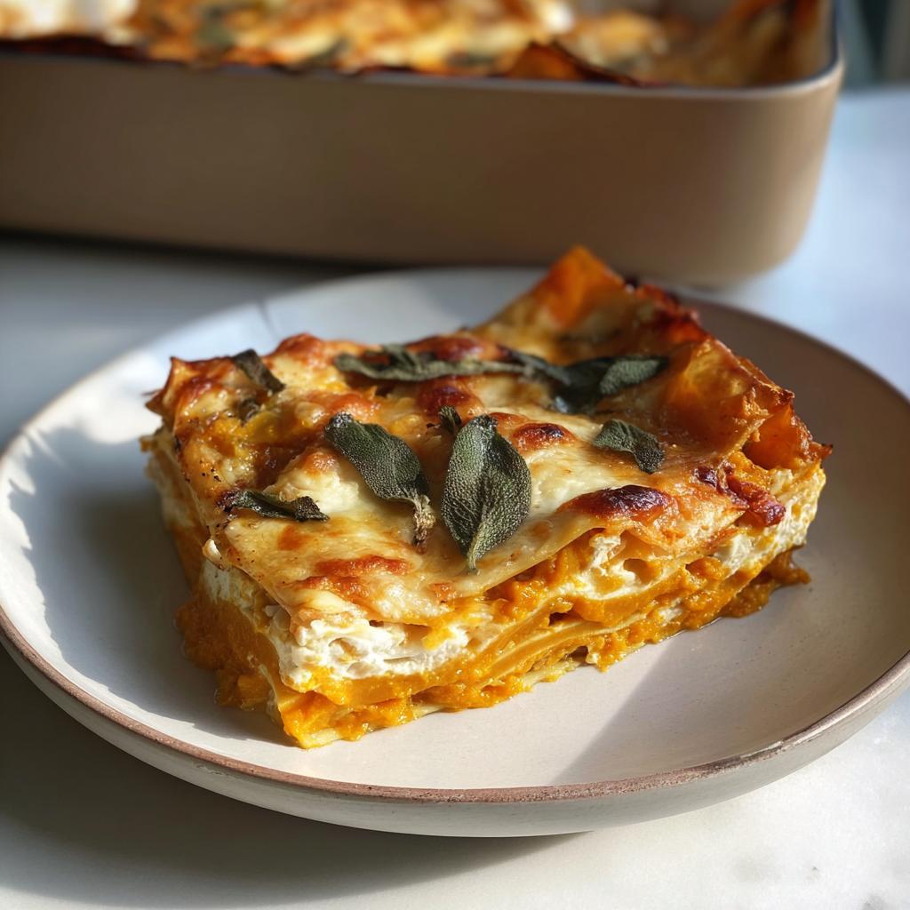 A perfect slice of Butternut Squash and Sage Lasagna topped with melted cheese and fresh sage leaves.