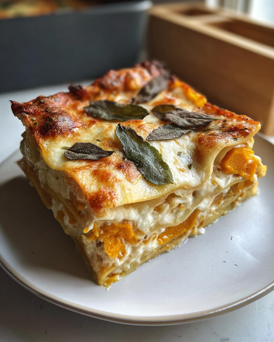 A delicious square slice of Butternut Squash and Sage Lasagna with browned cheese and fresh sage leaves on top.