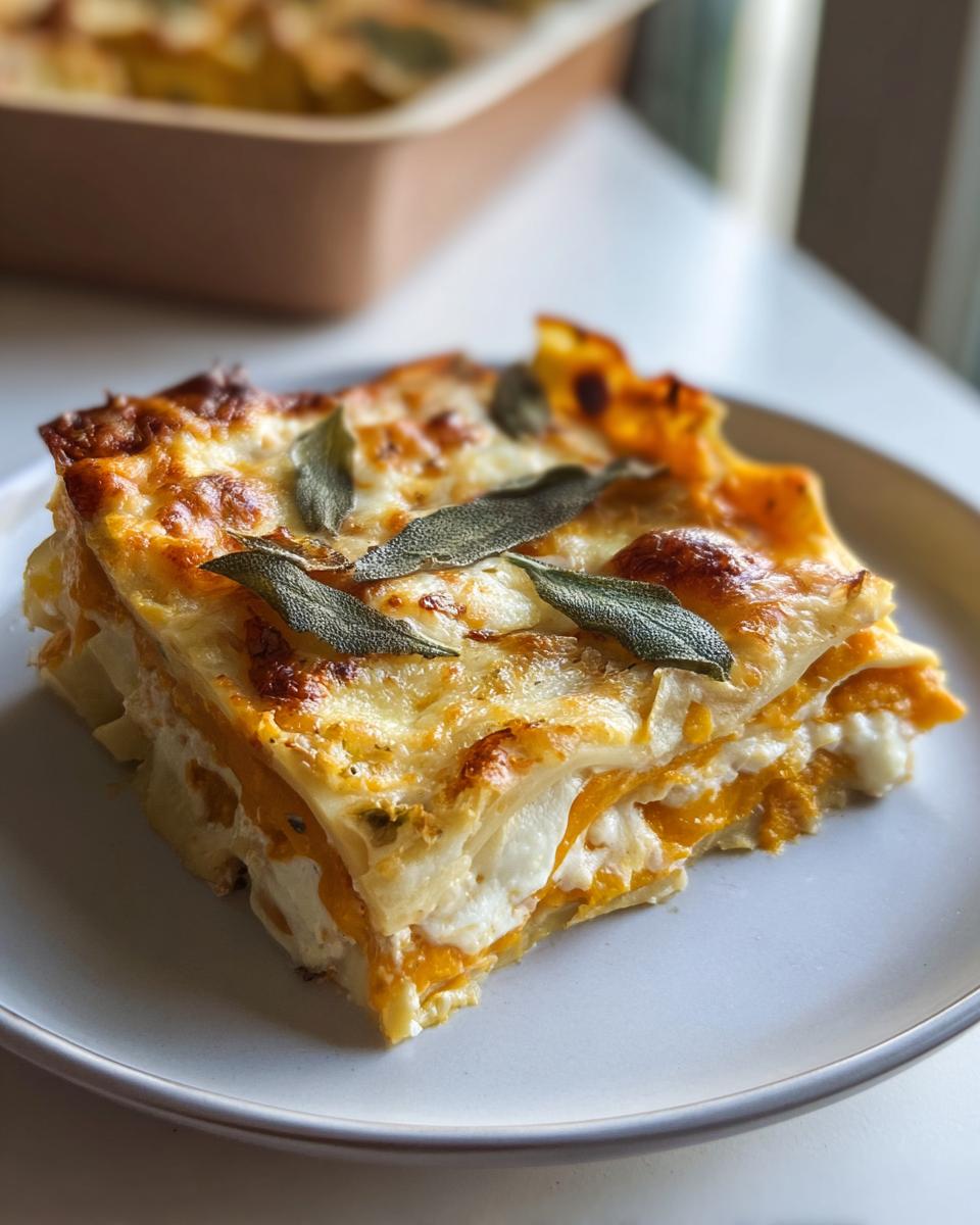 A square serving of Butternut Squash and Sage Lasagna showing layers of orange squash, white cheese, and topped with crispy sage leaves.