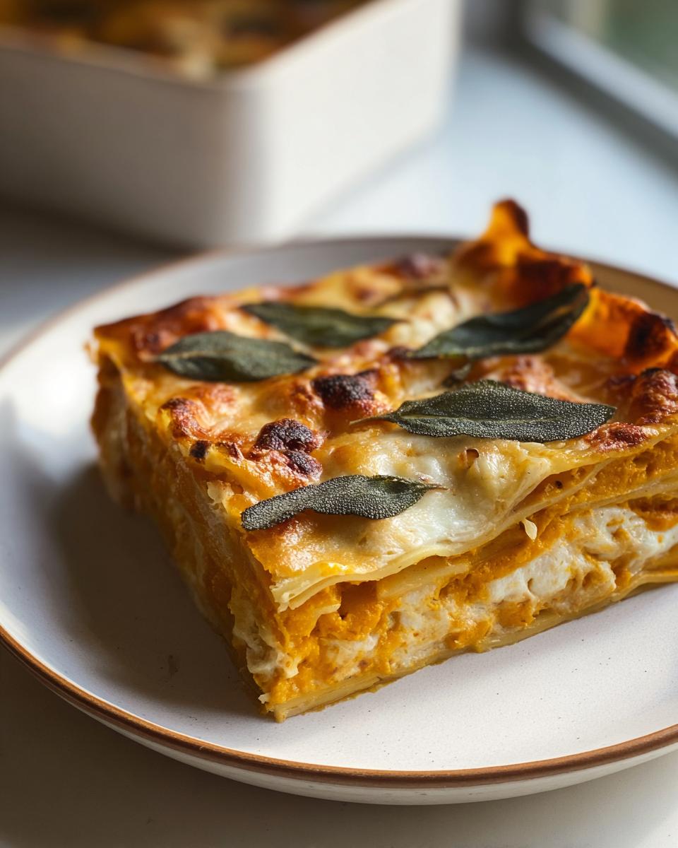 A perfect slice of Butternut Squash and Sage Lasagna showing layers of bright orange squash filling and creamy white cheese, topped with sage leaves.
