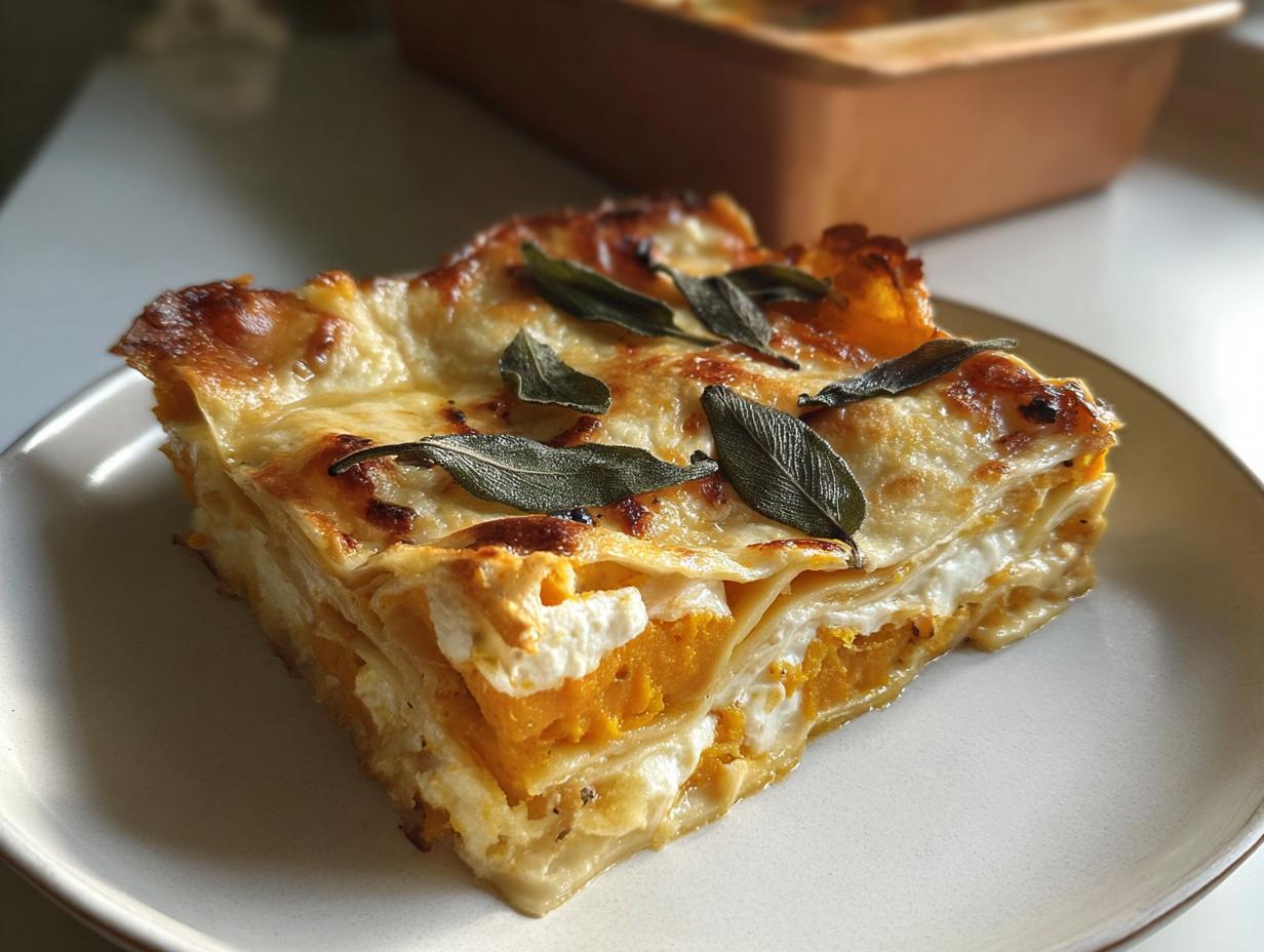A perfect slice of Butternut Squash and Sage Lasagna, layered with orange squash, ricotta, and topped with browned cheese and sage leaves.