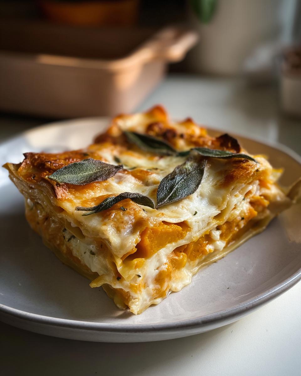 A perfect slice of Butternut Squash and Sage Lasagna showing layers of pasta, creamy filling, and topped with crispy sage leaves.