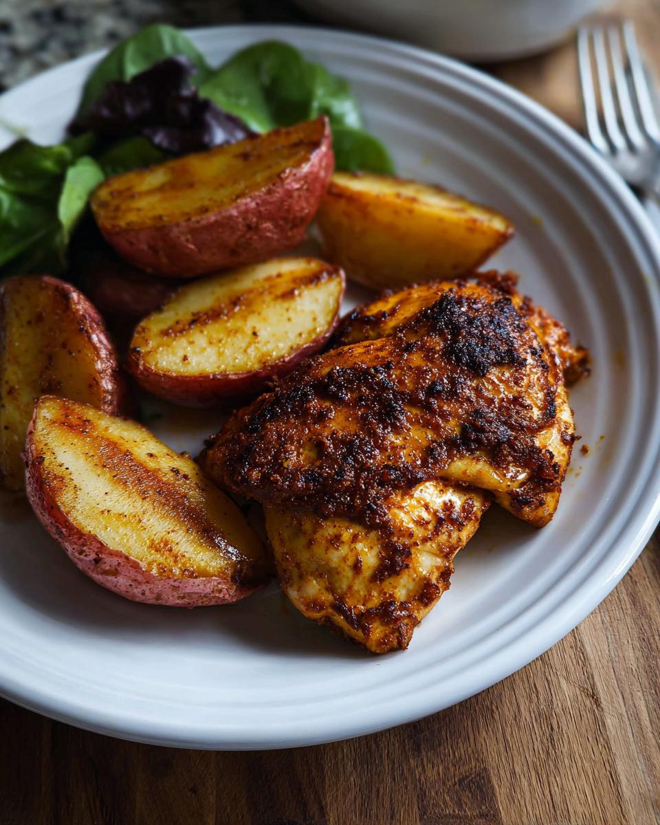 Two pieces of richly seasoned Cajun Butter Chicken Thighs served with roasted red potatoes and greens.