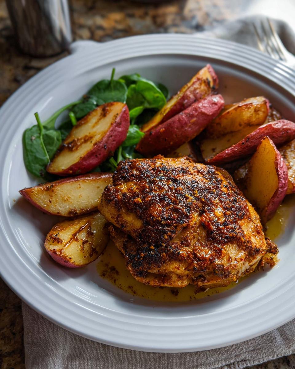 A plate featuring a perfectly cooked Cajun Butter Chicken Thighs seasoned with spices, served with roasted red potatoes and fresh spinach.