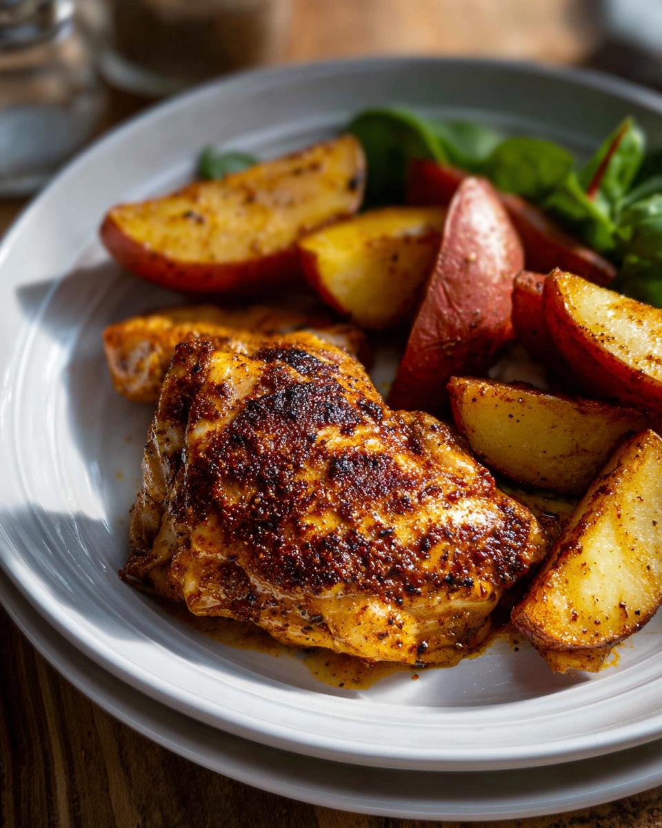 A close-up of a beautifully seared Cajun Butter Chicken Thighs served with roasted potato wedges and greens.