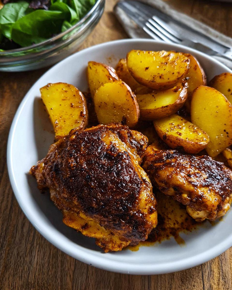 Two seasoned Cajun Butter Chicken Thighs served with golden roasted potatoes in a white bowl.
