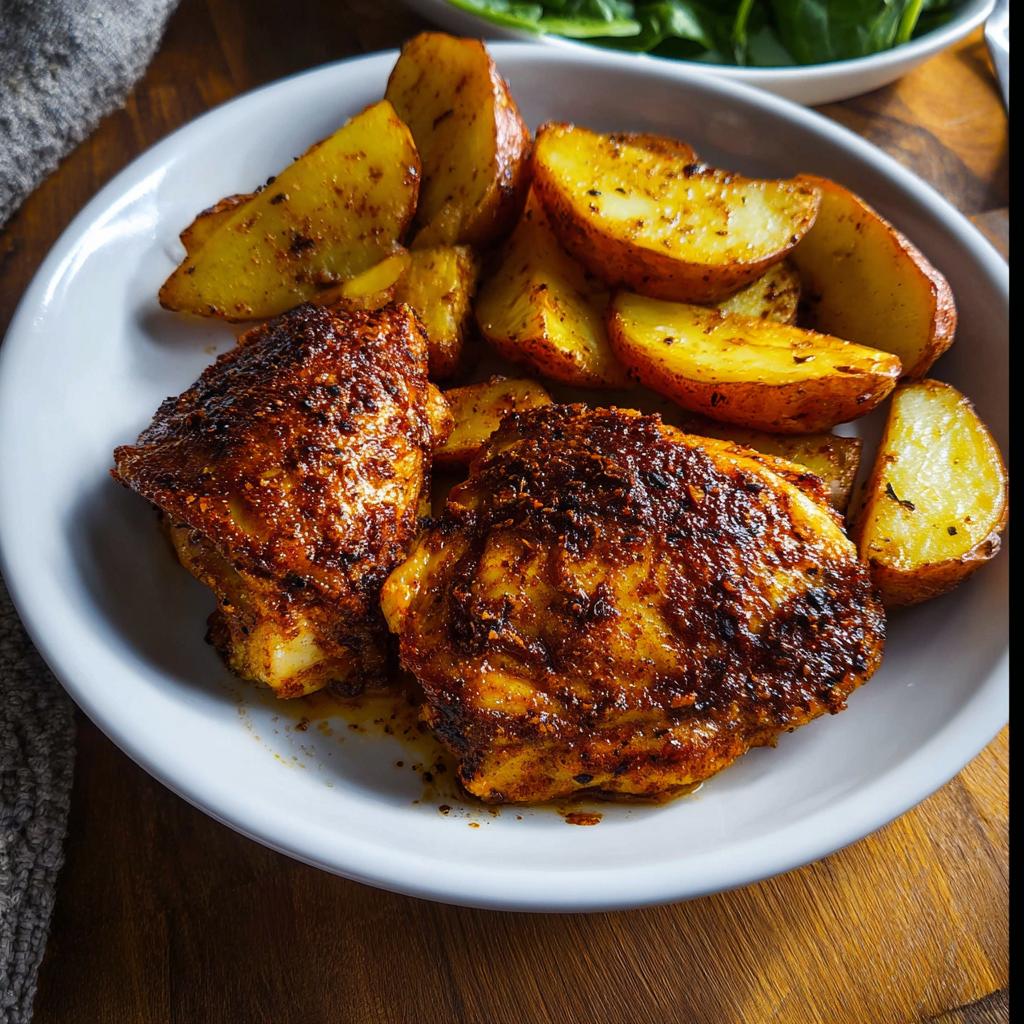 Two richly seasoned Cajun Butter Chicken Thighs served with roasted potato wedges on a white plate.