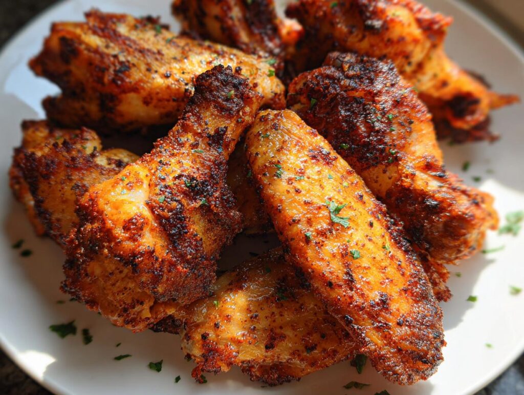 Close-up of perfectly cooked Cajun Dry Rub Chicken Wings piled on a white plate, showing crispy, seasoned skin.