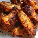 Close-up of perfectly cooked Cajun Dry Rub Chicken Wings piled on a white plate, showing crispy, seasoned skin.