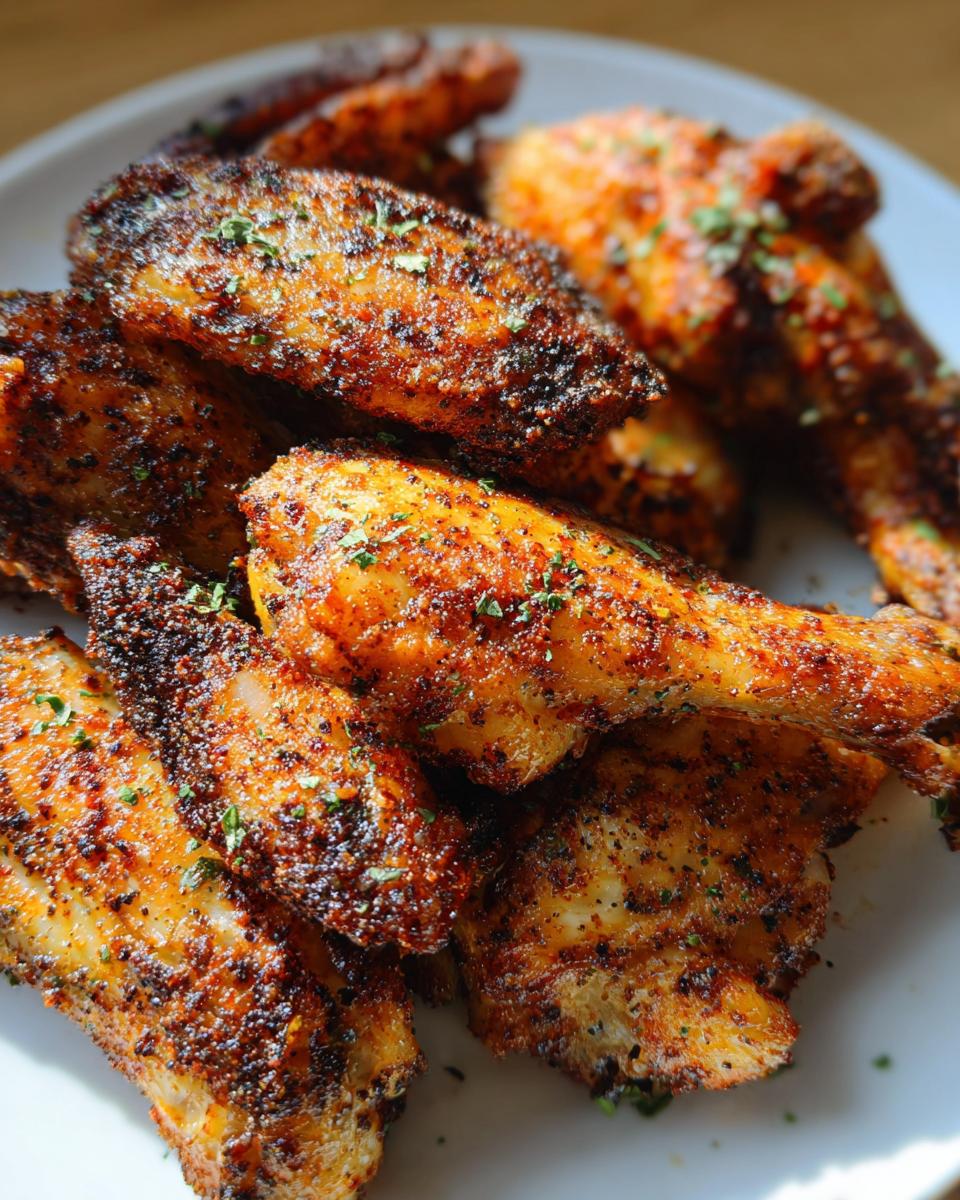 Close-up of crispy, seasoned Cajun Dry Rub Chicken Wings piled high on a white plate, garnished with parsley.