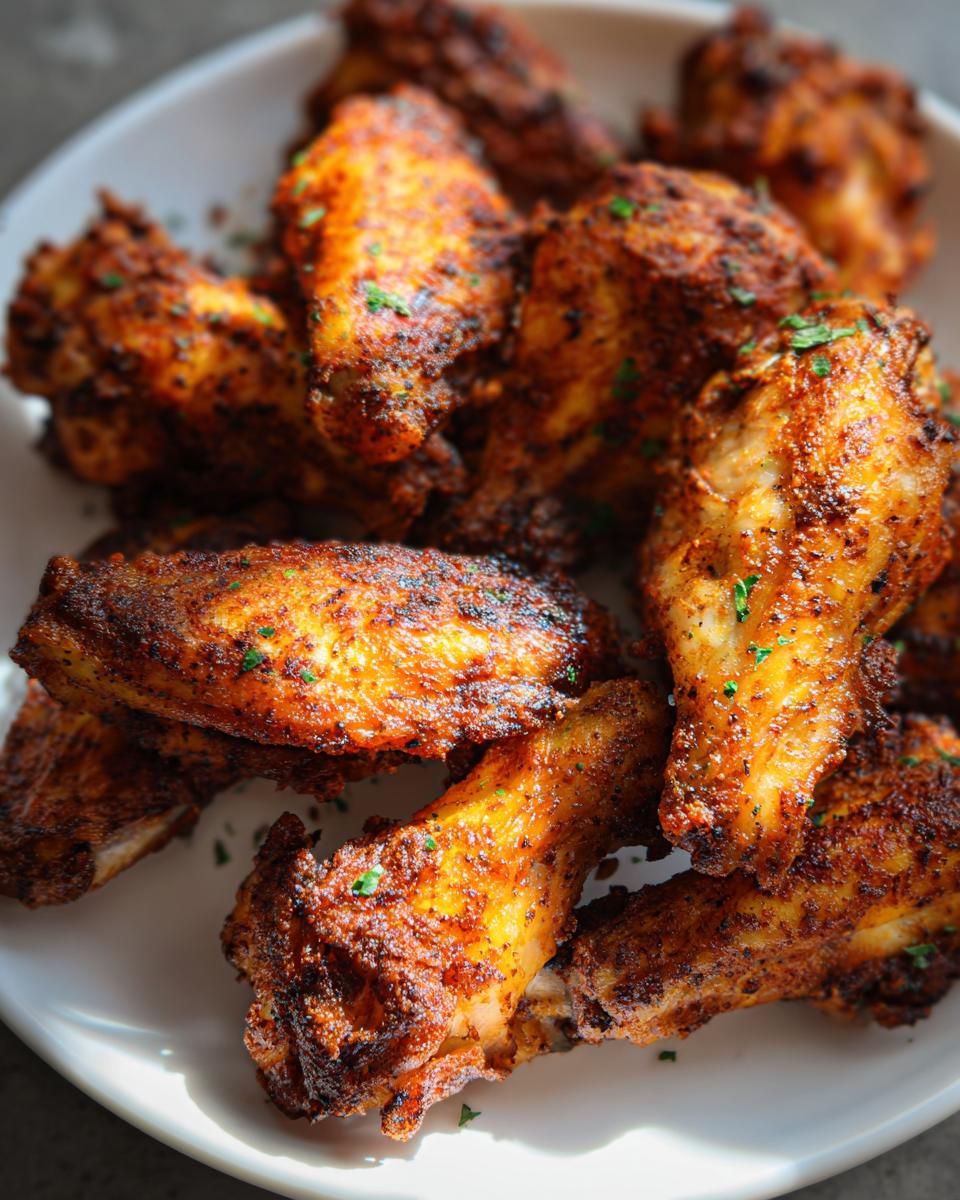 A close-up of crispy, golden-brown Cajun Dry Rub Chicken Wings piled high on a white plate, garnished with parsley.