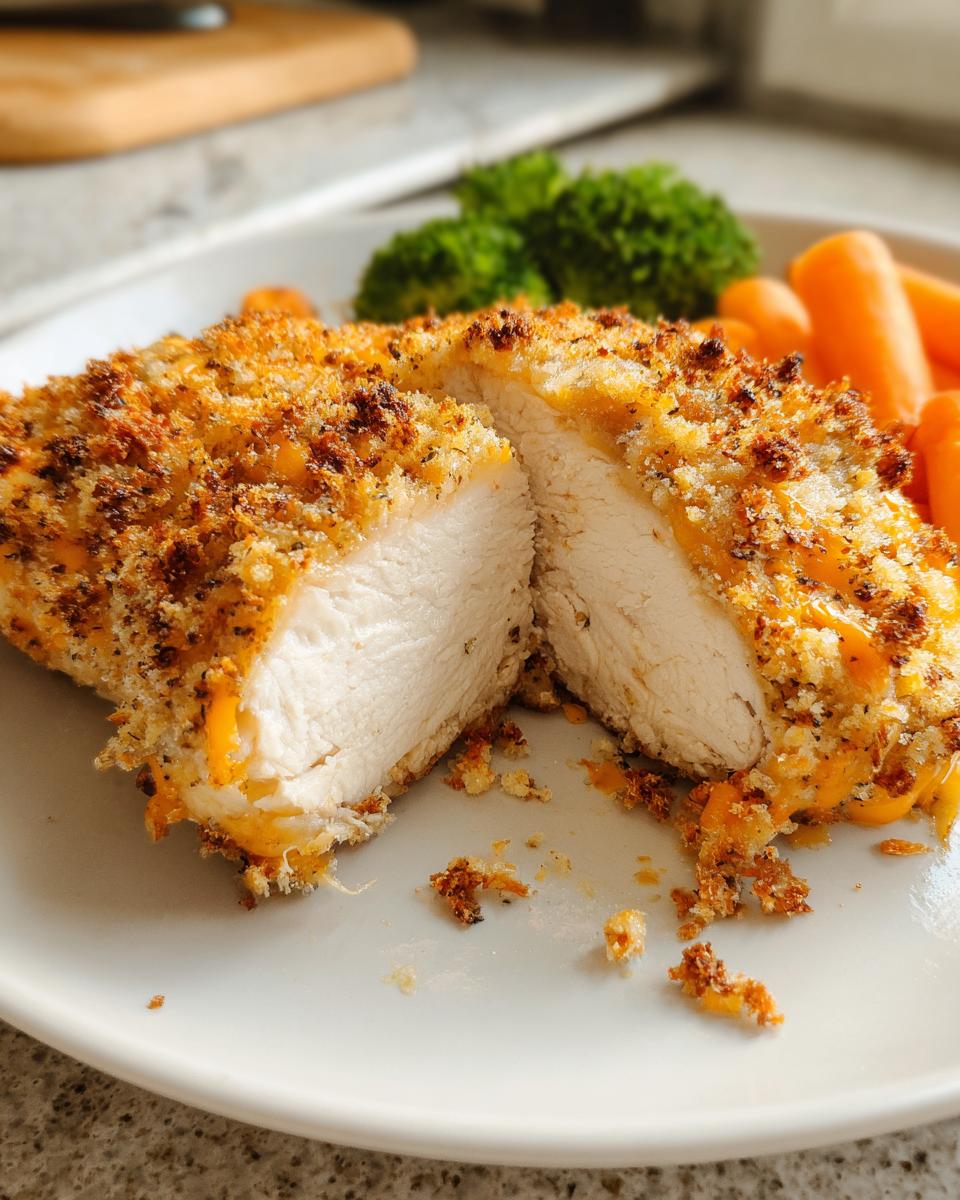 Close-up of Cheddar Ranch Baked Chicken cut in half showing moist white meat and crispy topping.