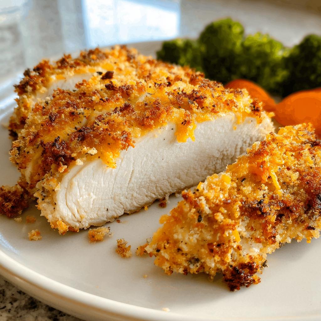 Close-up of sliced Cheddar Ranch Baked Chicken showing juicy white meat and crispy, cheesy topping.