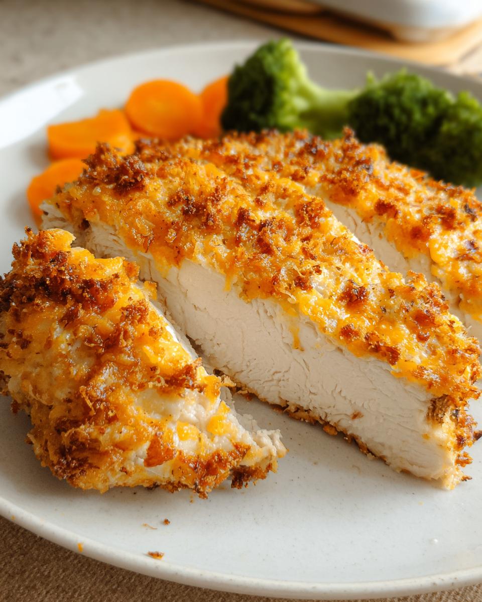 Close-up of sliced Cheddar Ranch Baked Chicken showing juicy white meat and a crispy, cheesy, browned topping.
