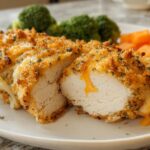 Close-up of Cheddar Ranch Baked Chicken, sliced to show juicy white meat and melted cheese oozing out.