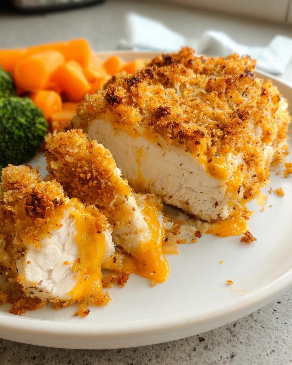 Close-up of sliced Cheddar Ranch Baked Chicken showing crispy coating and melted cheese inside, served with carrots and broccoli.