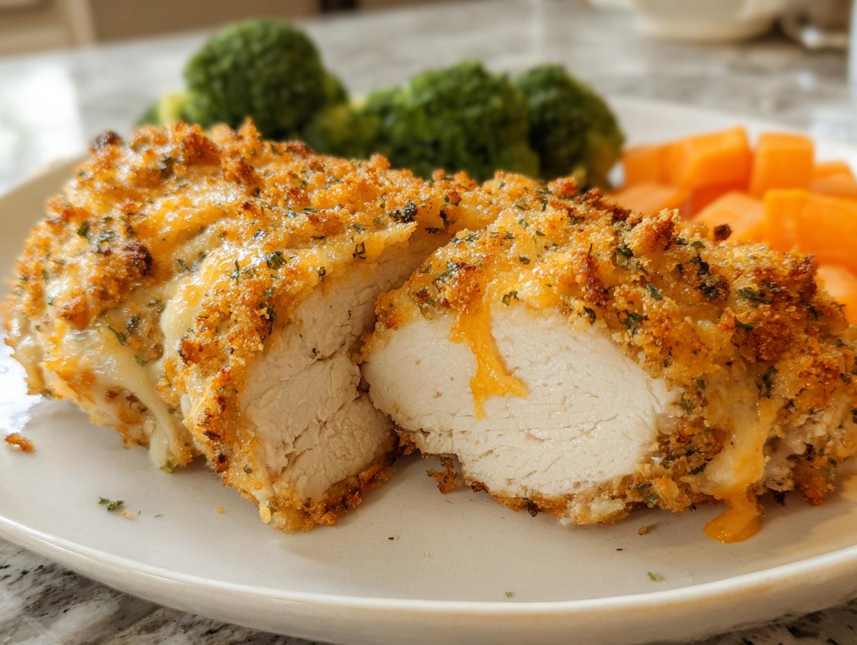 Close-up of Cheddar Ranch Baked Chicken, sliced to show juicy white meat and melted cheese oozing out.