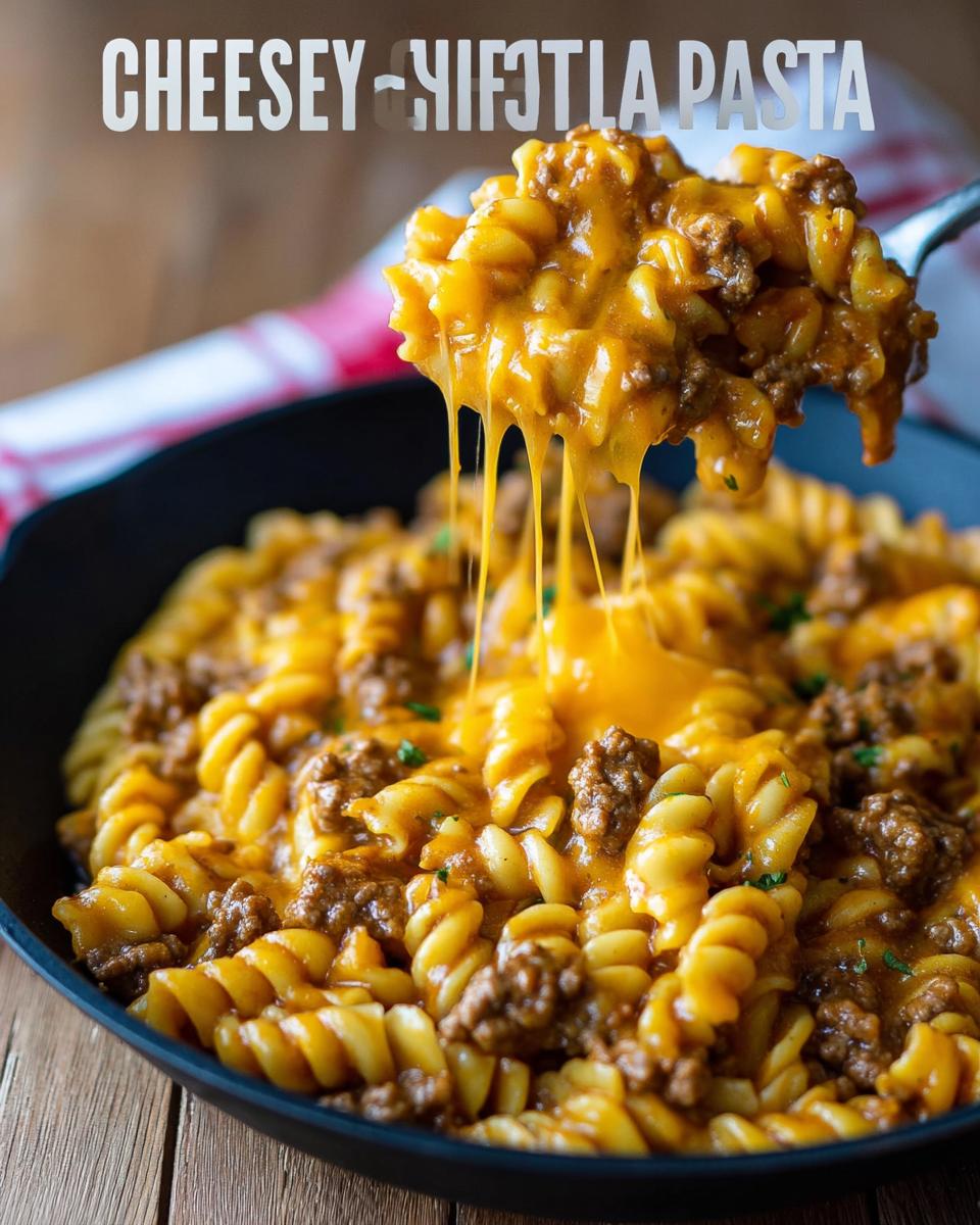 A spoonful of creamy Cheeseburger Skillet Pasta showing a dramatic cheese pull over the skillet of pasta and ground beef.