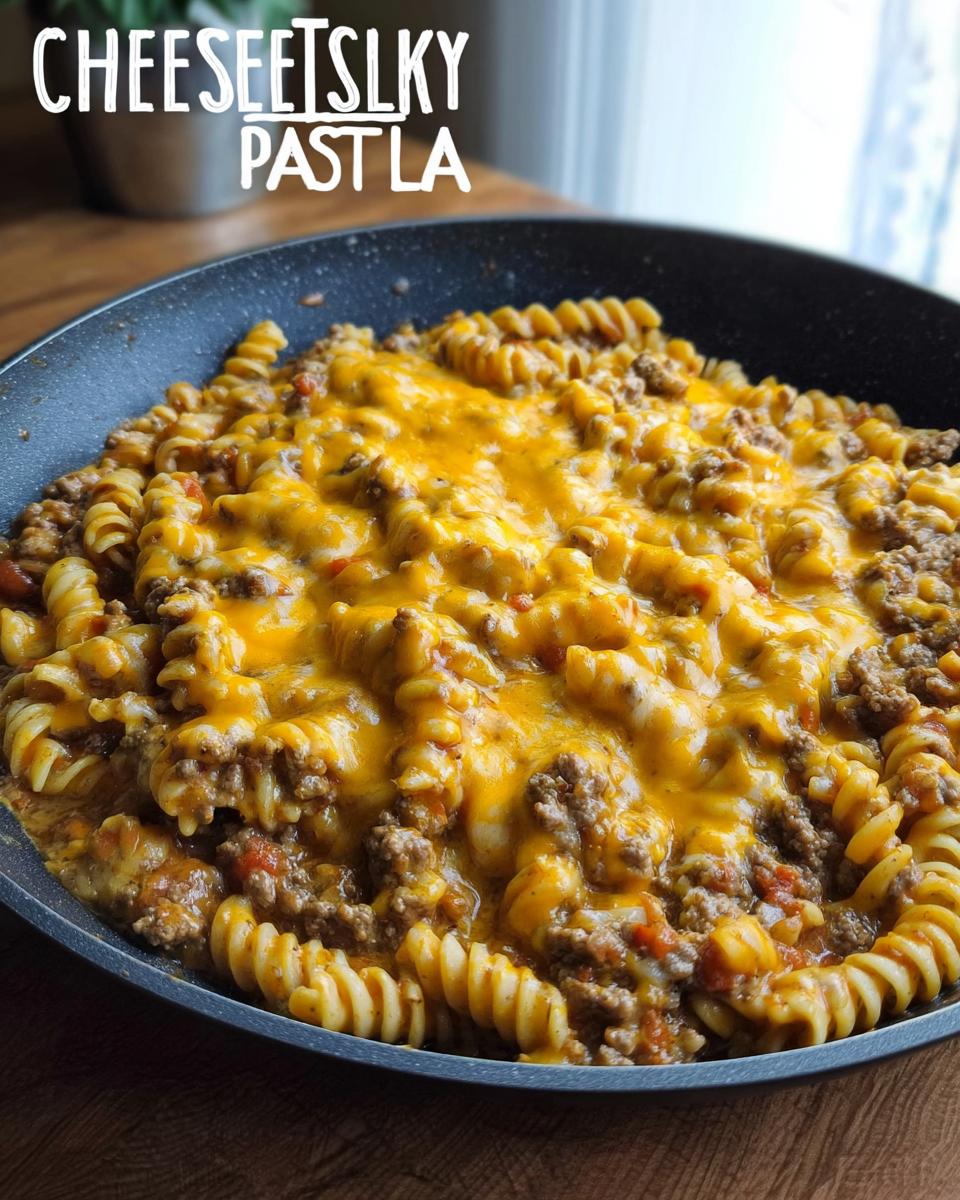 A close-up of Cheeseburger Skillet Pasta with rotini noodles, ground beef, and melted cheddar cheese in a skillet.