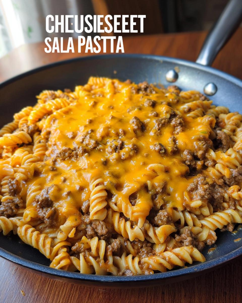 Close-up of Cheeseburger Skillet Pasta with rotini noodles, ground beef, and melted cheddar cheese in a black skillet.