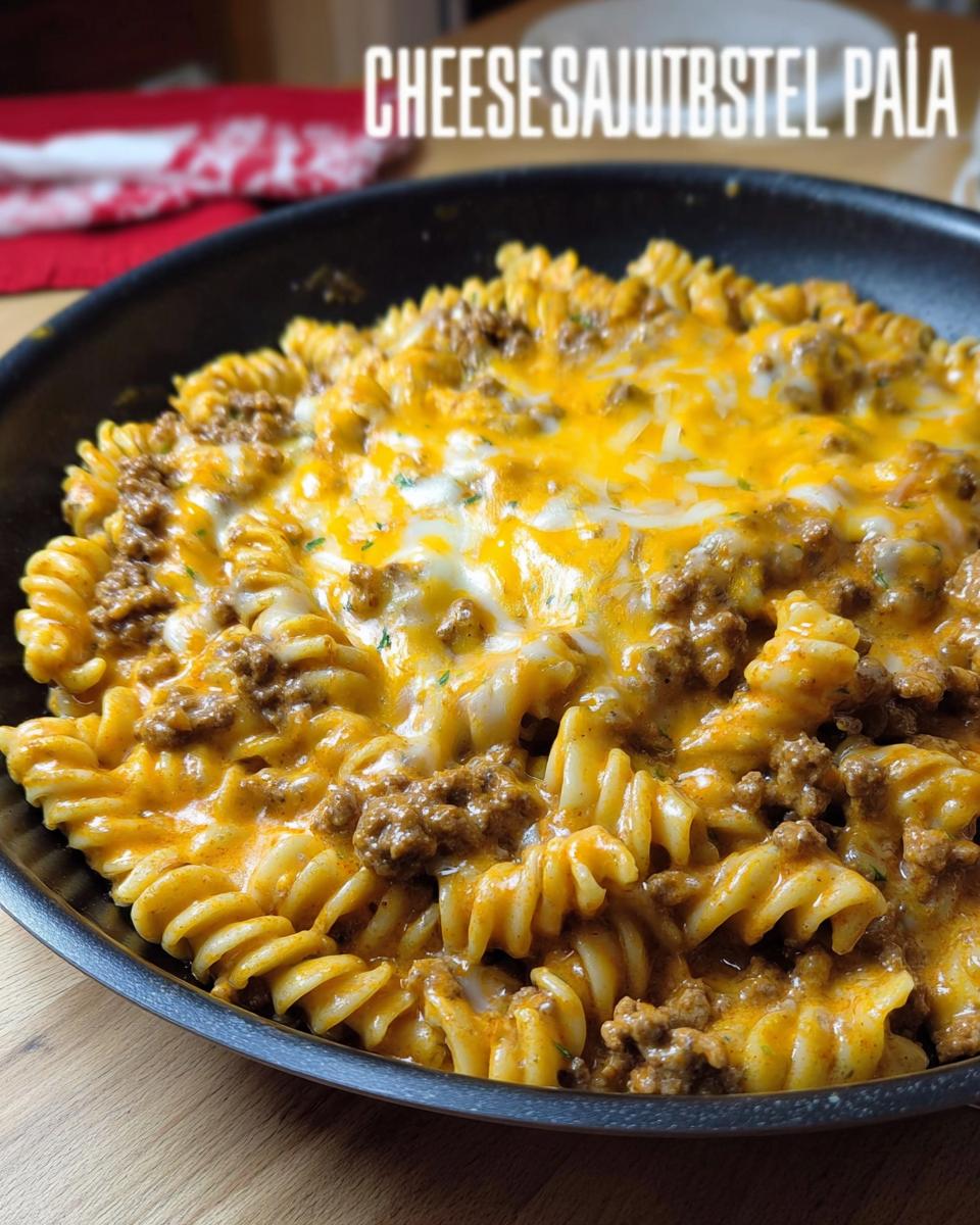 Close-up of Cheeseburger Skillet Pasta featuring rotini pasta mixed with ground beef and topped with melted cheddar and white cheese.