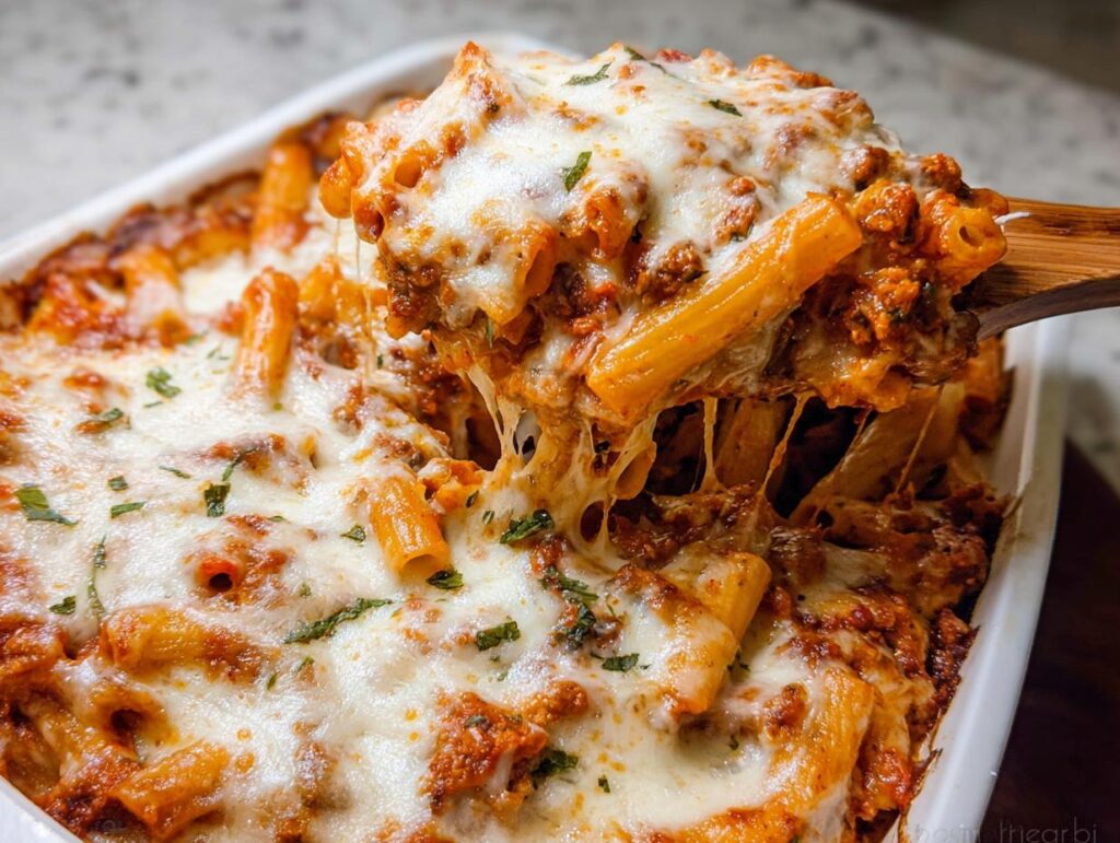 A wooden spoon lifts a serving of Cheesy Baked Ziti Casserole, showing long, gooey cheese pulls over rich meat sauce and ziti pasta.