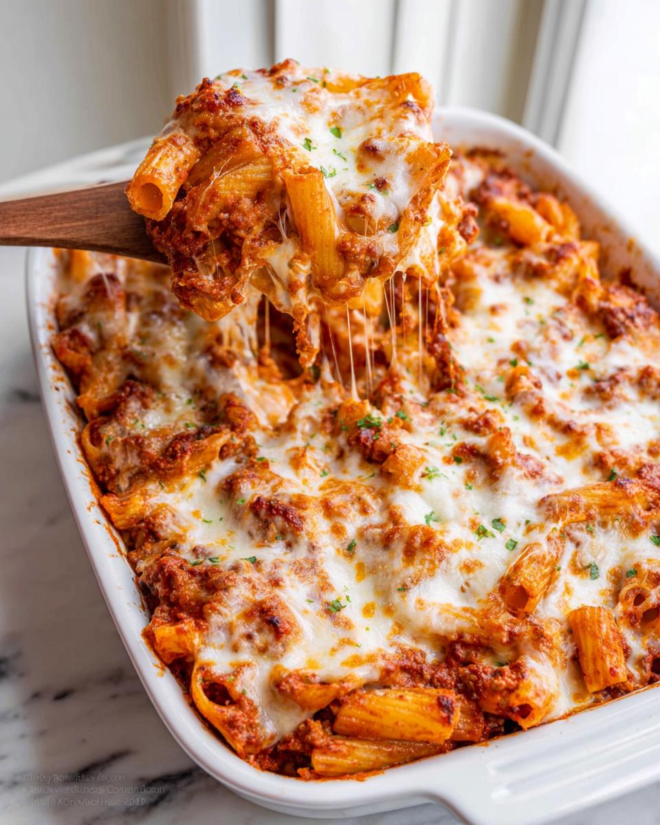 A wooden spoon lifts a serving of Cheesy Baked Ziti Casserole, showing dramatic cheese pulls from the melted mozzarella topping.
