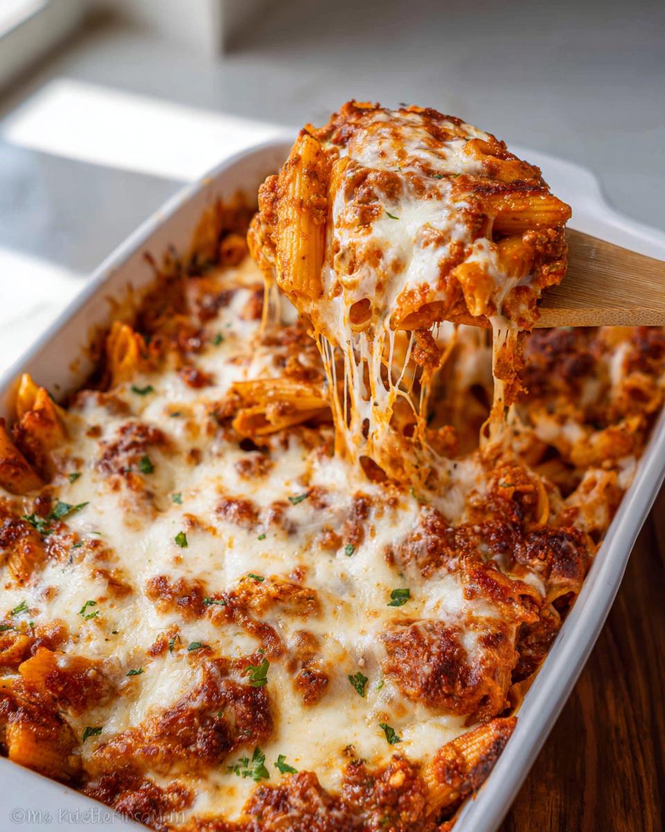 A wooden spoon lifts a serving of Cheesy Baked Ziti Casserole, showing long, melted cheese strings stretching back to the pan.