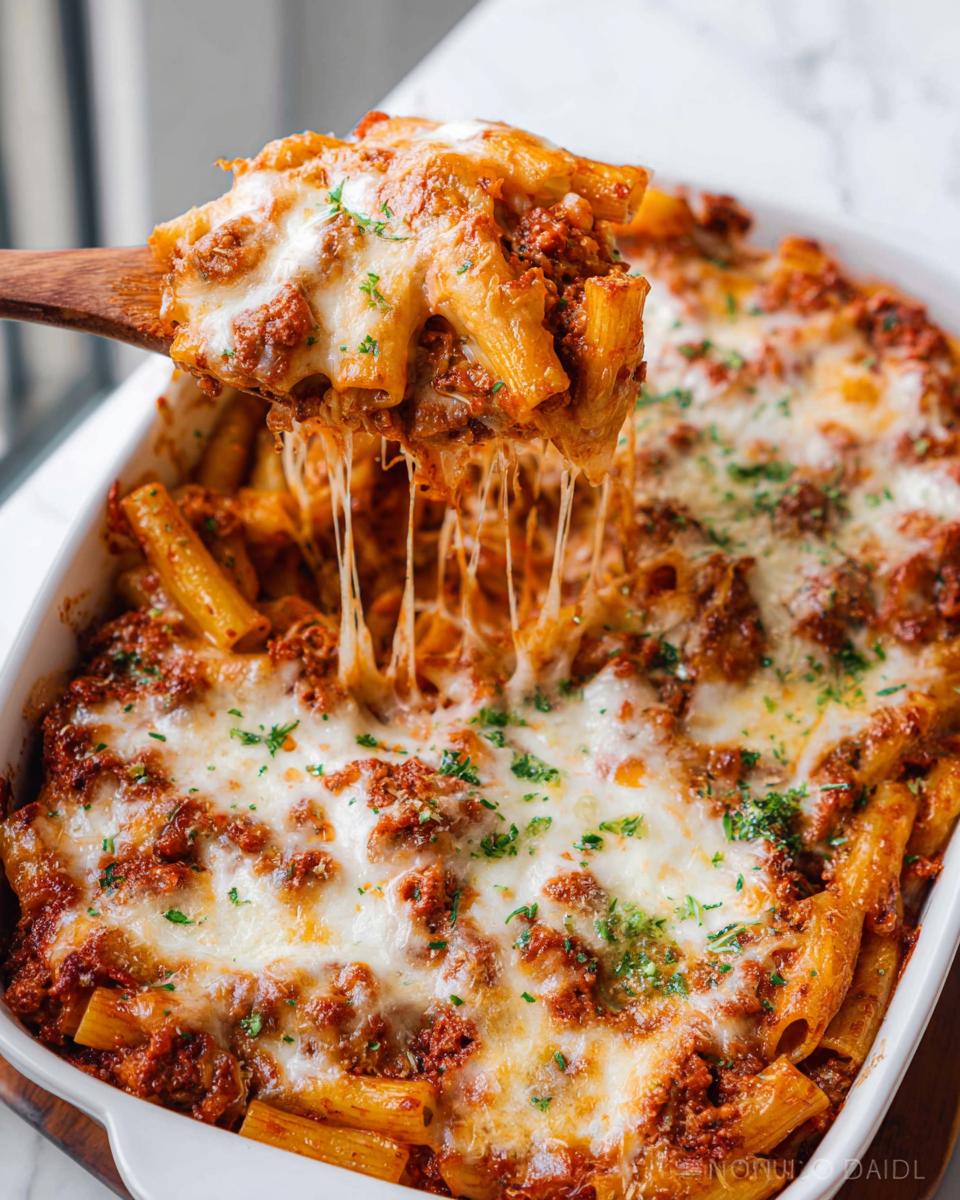 A wooden spoon lifts a serving of Cheesy Baked Ziti Casserole, showing long, stretchy strings of melted mozzarella cheese.