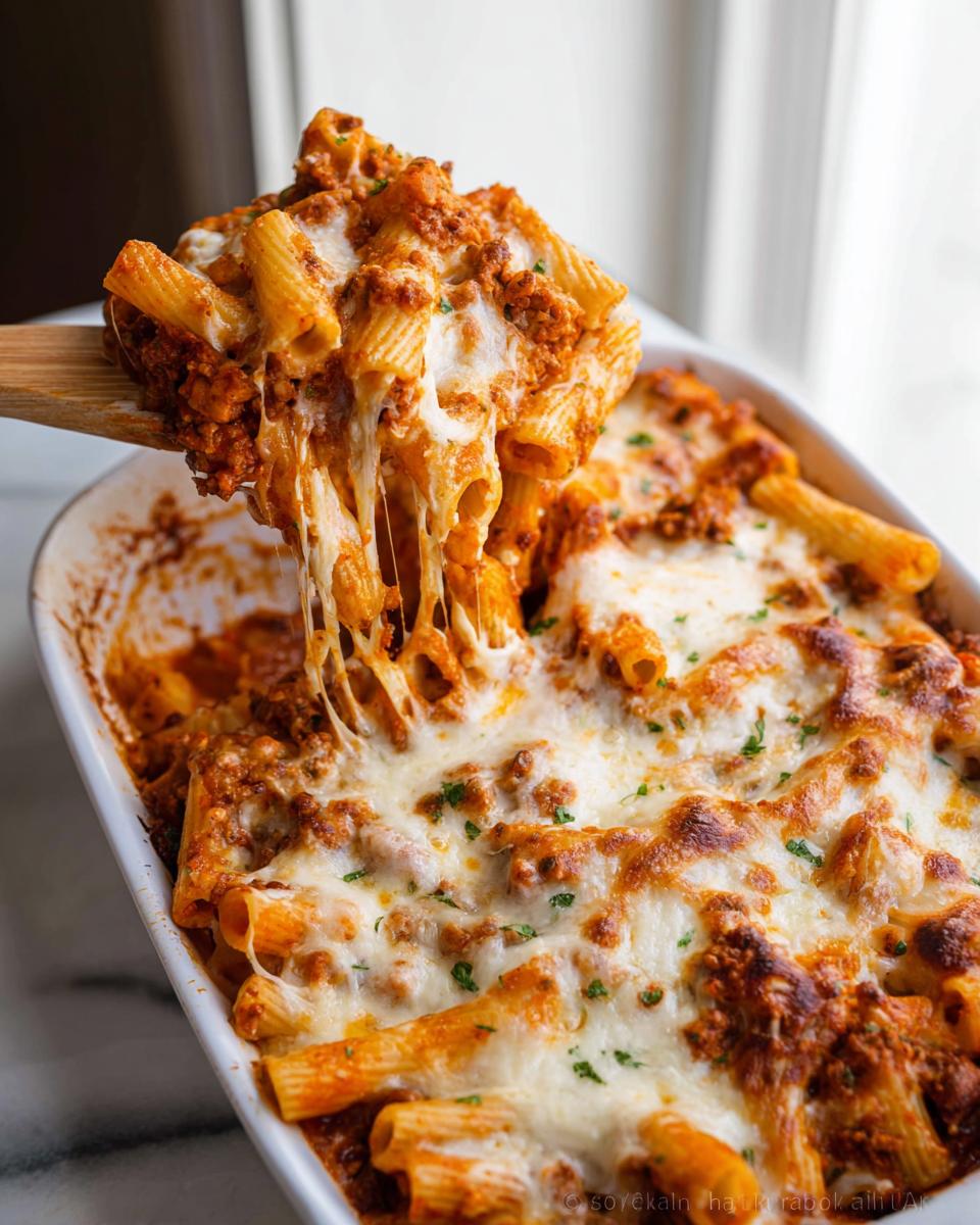 A wooden spoon lifts a serving of Cheesy Baked Ziti Casserole, showing a dramatic cheese pull over the bubbling, saucy pasta.