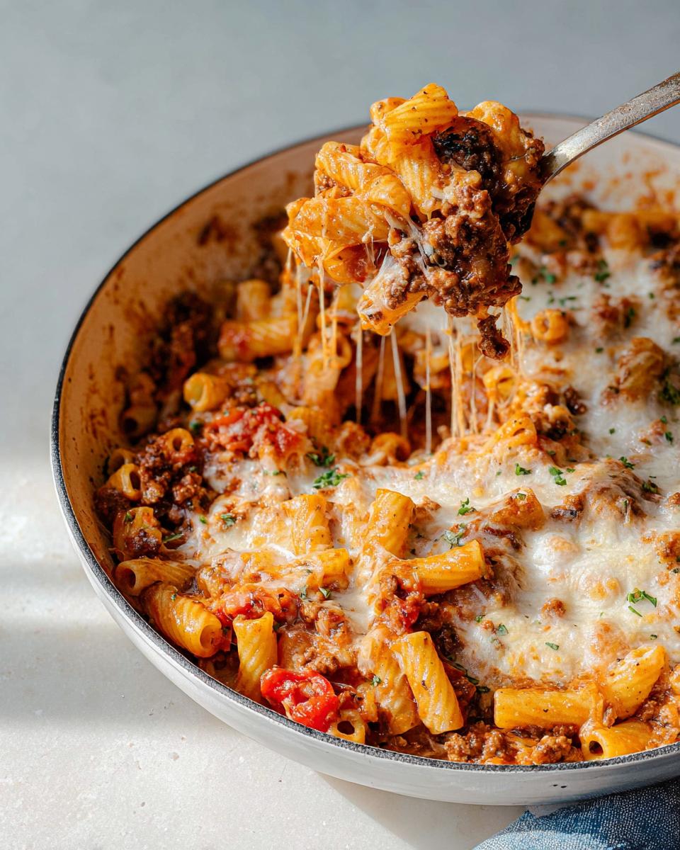 A spoonful of Cheesy Ground Beef Pasta Skillet showing a dramatic cheese pull from the skillet below.