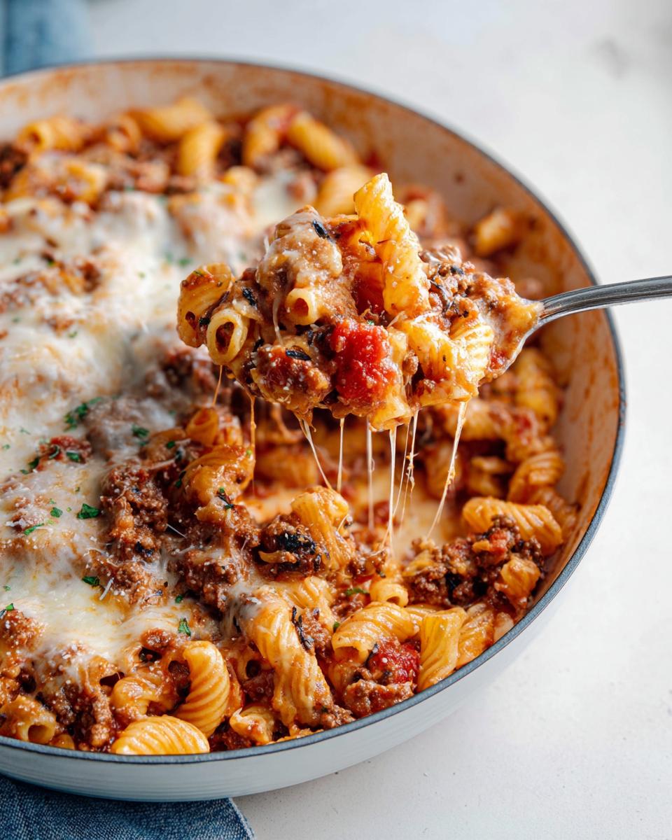 A spoonful of Cheesy Ground Beef Pasta Skillet showing melted cheese stretching between the spoon and the pan.
