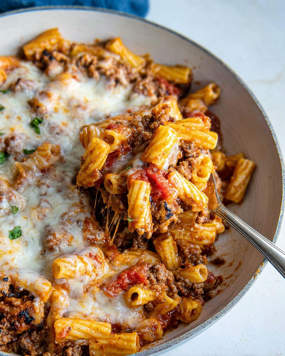 A spoonful of Cheesy Ground Beef Pasta Skillet being lifted from a bowl, showing melted, stringy cheese.