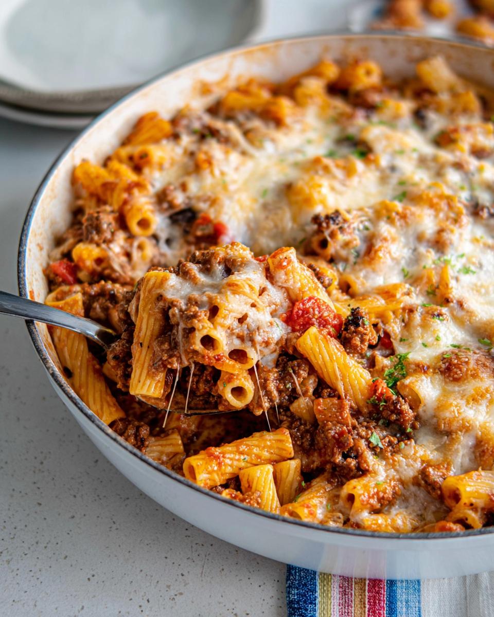 A spoonful of Cheesy Ground Beef Pasta Skillet showing melted cheese stretching between the spoon and the dish.