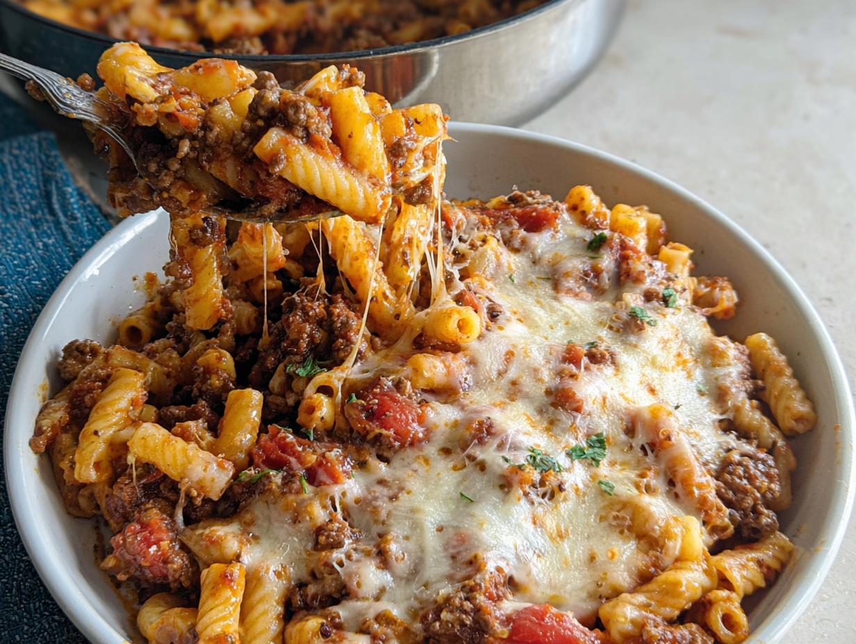 A spoonful of Cheesy Ground Beef Pasta Skillet being lifted from a bowl, showing melted, stringy cheese.
