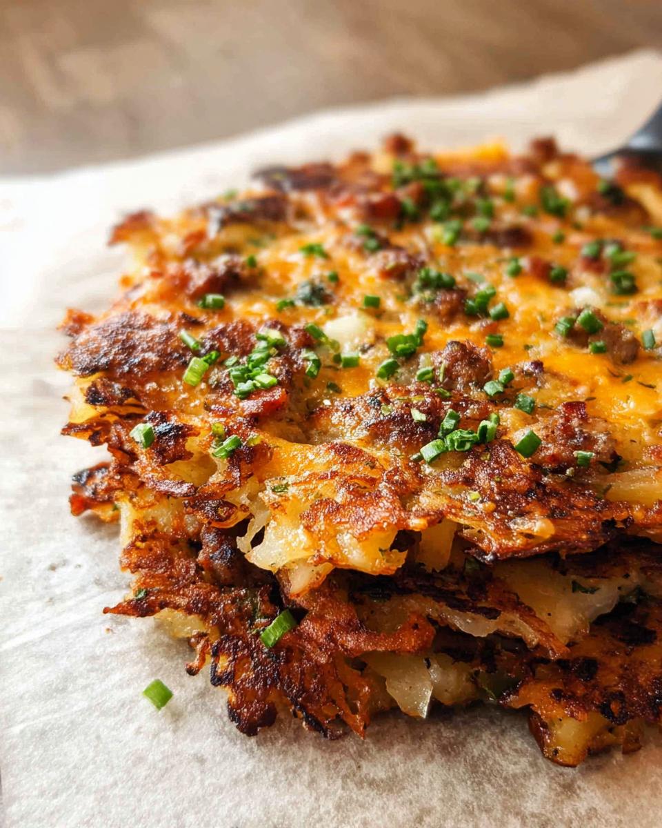 A crispy, golden-brown serving of Cheesy Potato Hash with Sausage Skillet topped with melted cheese and chives.
