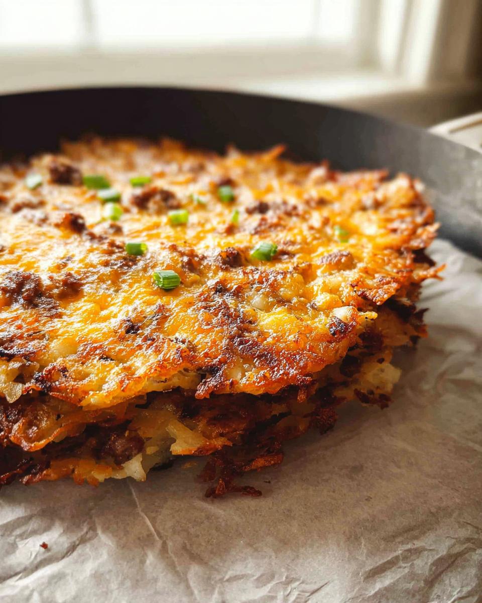 Close-up of a crispy, layered Cheesy Potato Hash with Sausage Skillet, topped with melted cheese and green onions.