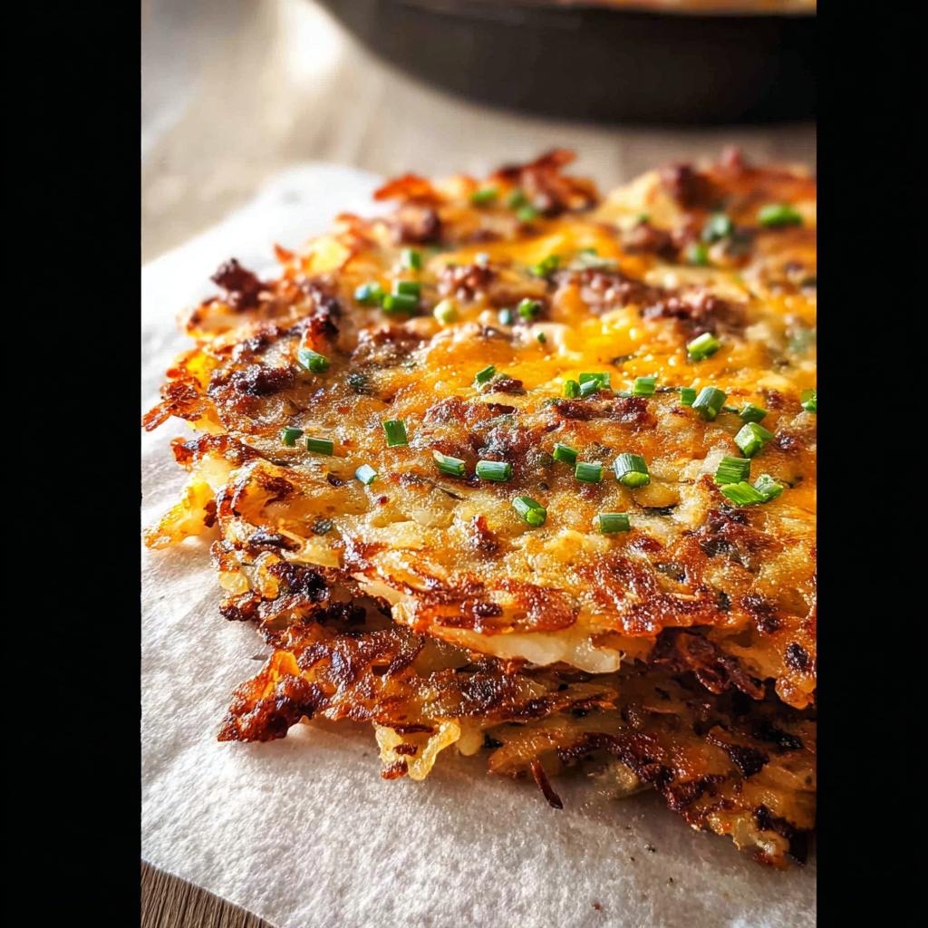 Close-up of crispy, golden-brown layers of Cheesy Potato Hash with Sausage Skillet, topped with melted cheese and chives.