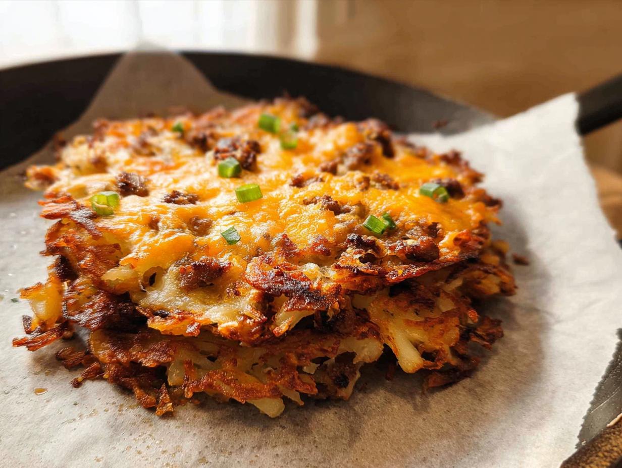 A crispy, golden-brown portion of Cheesy Potato Hash with Sausage Skillet, topped with melted cheddar and green onions.