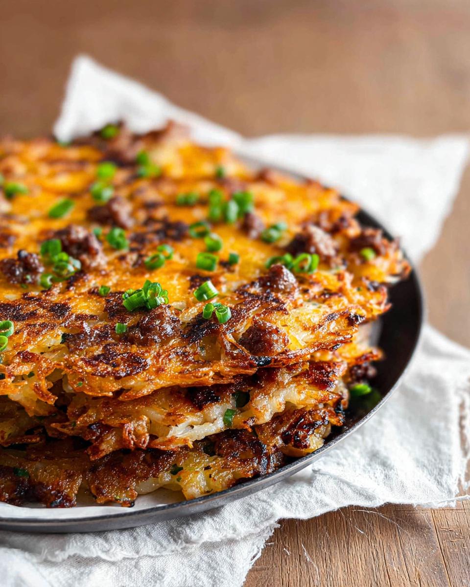 A stack of crispy, golden Cheesy Potato Hash with Sausage Skillet patties topped with crumbled sausage and green onions.