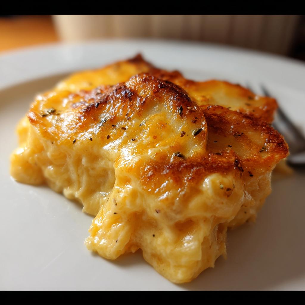 A close-up serving of Cheesy Scalloped Potatoes with Cream, showing creamy layers and a browned, bubbly cheese top.