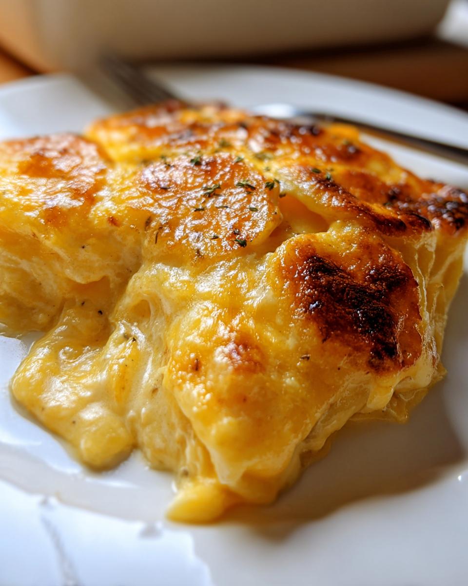 A close-up of a rich serving of Cheesy Scalloped Potatoes with Cream, featuring a golden-brown, bubbly cheese top.