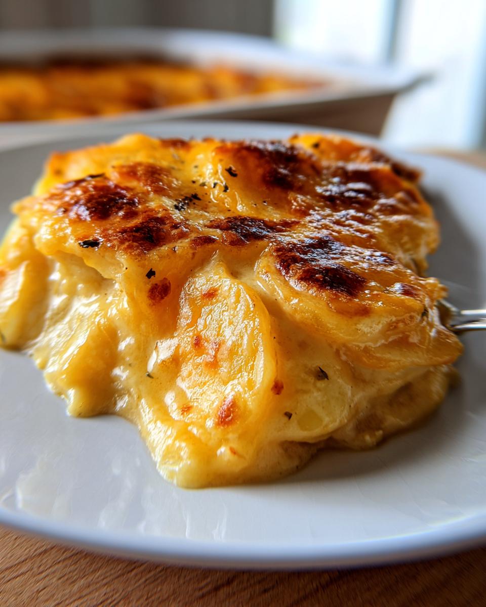 A close-up of a serving of Cheesy Scalloped Potatoes with Cream, showing melted cheese and creamy sauce.