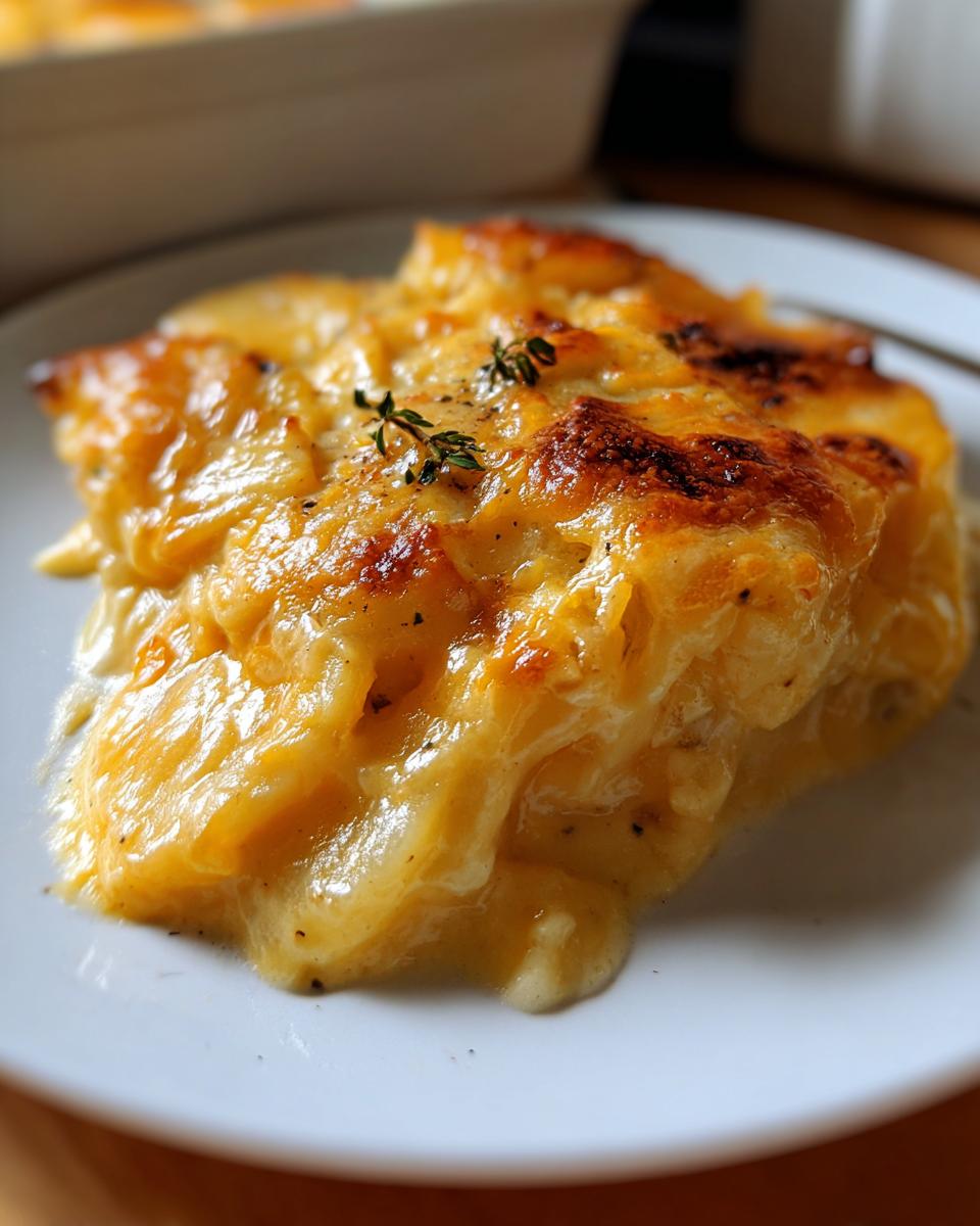 A close-up of a rich, golden-brown serving of Cheesy Scalloped Potatoes with Cream on a white plate.