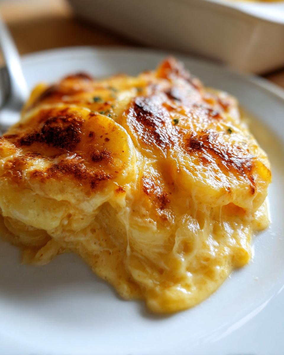 A close-up serving of Cheesy Scalloped Potatoes with Cream, showing melted cheese and browned top layers.