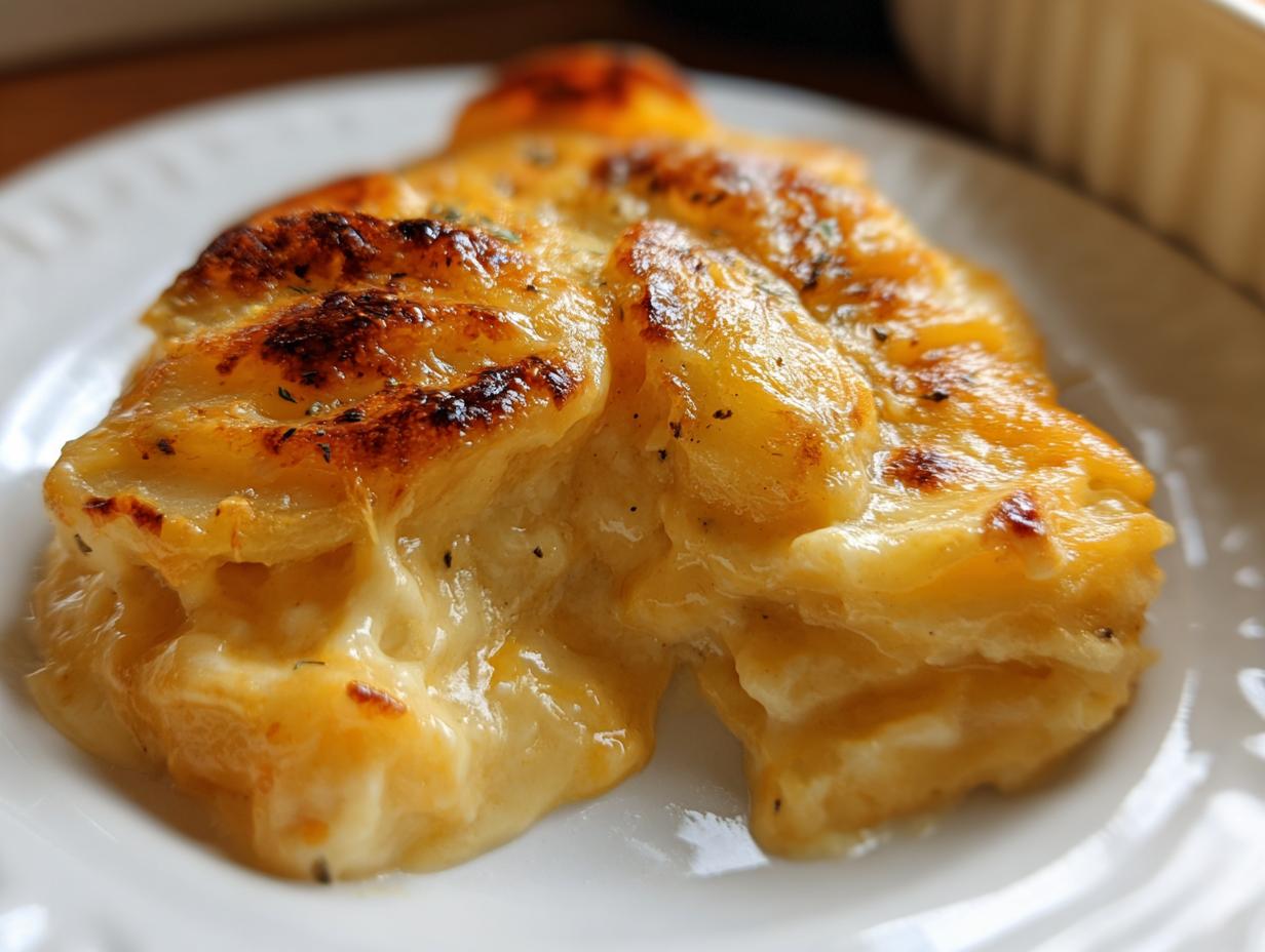 Close-up of a serving of Cheesy Scalloped Potatoes with Cream, showing melted cheese and browned edges.